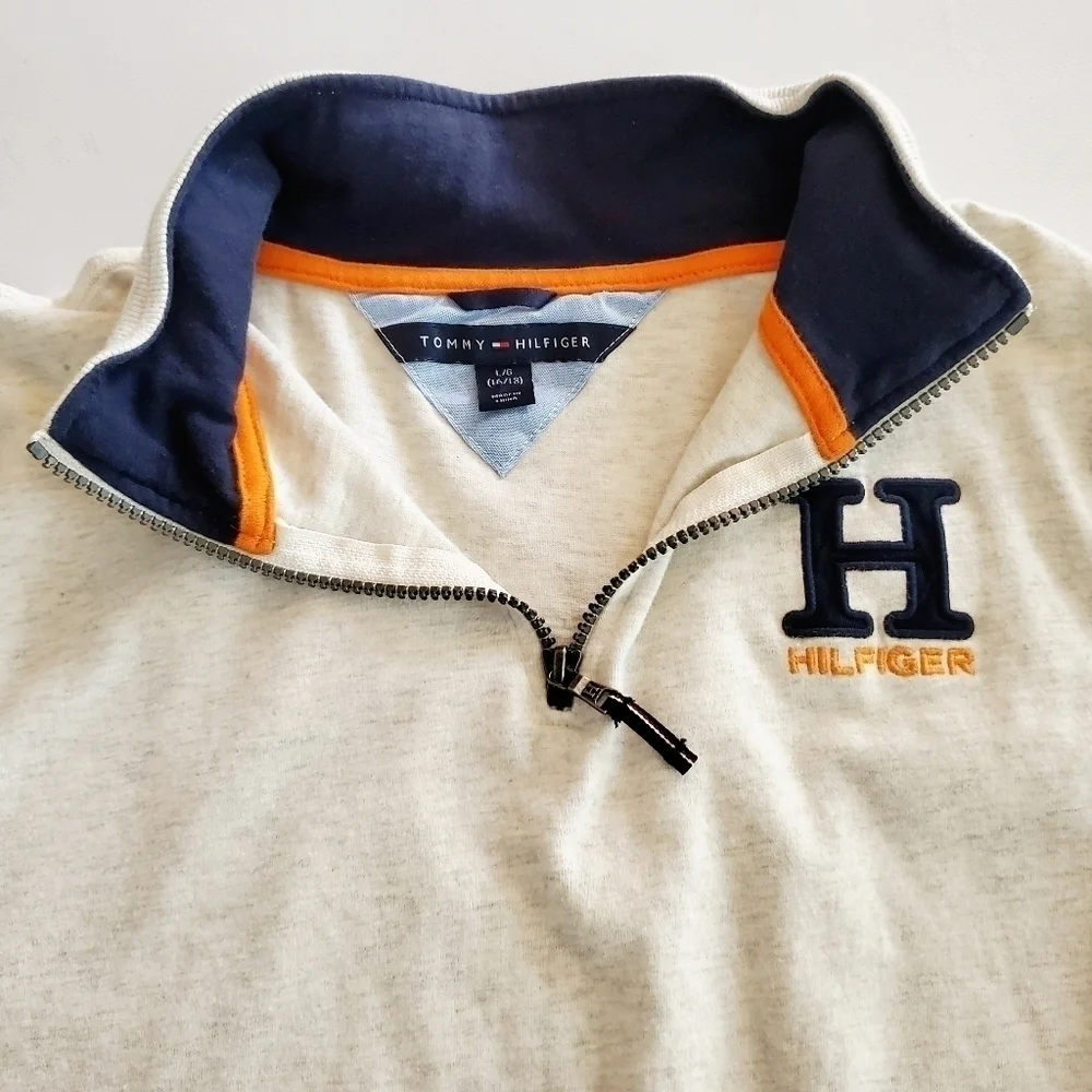 Tommy Hilfiger Boys 1/4 Zip Pullover Off White Blue Size L (16/18)